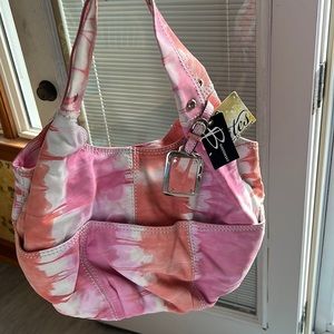 Brand New B. Makowsky Leather Antigua Guava Multi Tie Dye Print Tote